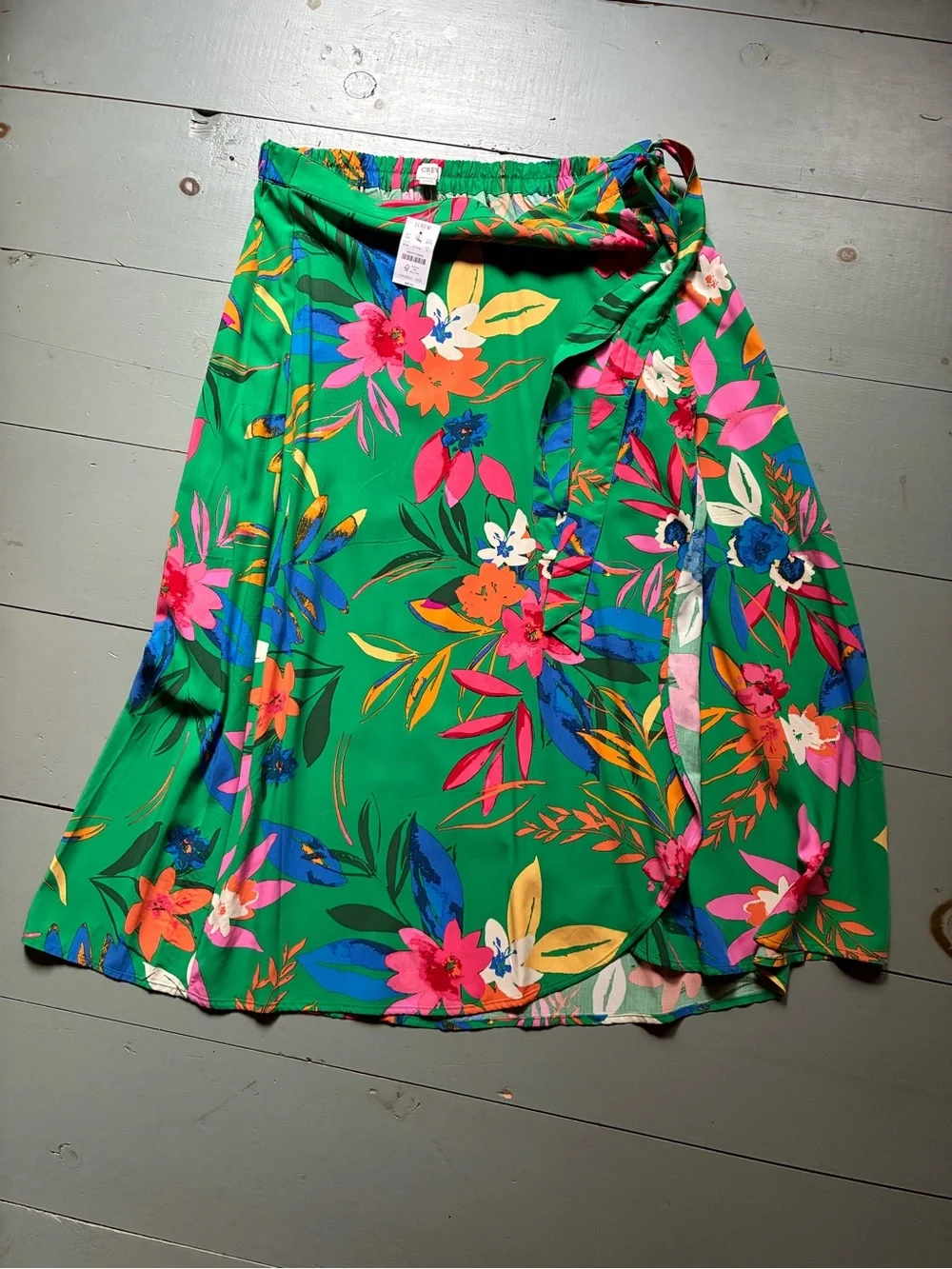 J. Crew Green Midi Skirt with Bright Floral Print Large NWT